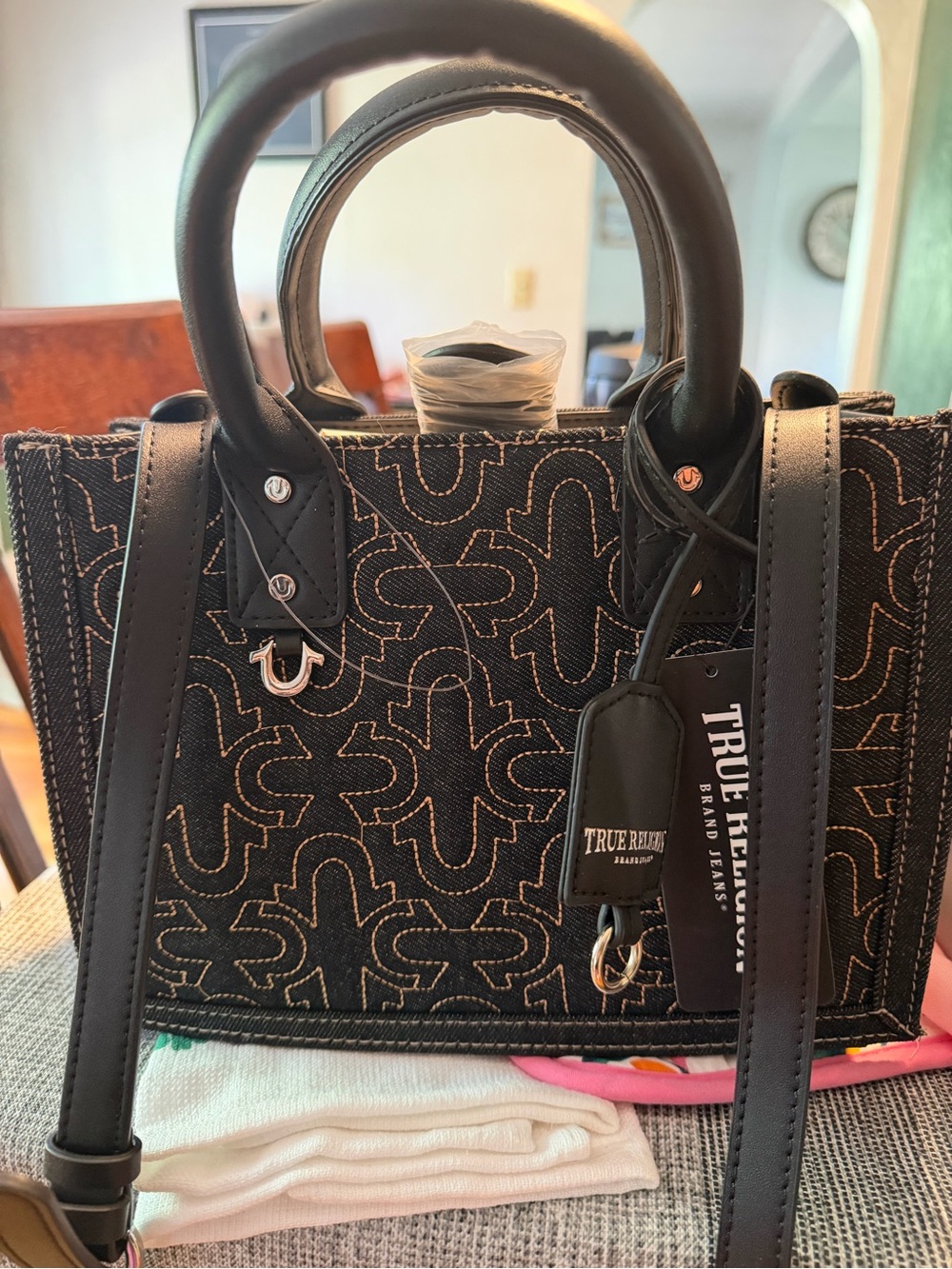 True Religion Black denim Tote with Contrast Stitch Pattern